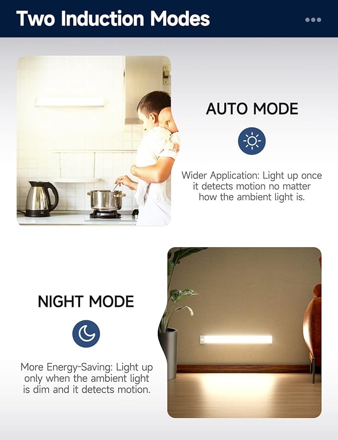 Under Cabinet Lights, Rechargeable Battery Operated Lighting, Wireless Motion Sensor Light Indoor,4 Modes Night Light, Stick-On Magnetic Closet Lights for Kitchen, Hallway(2 Pack 62LED Warm Light)