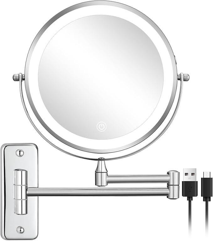 DECLUTTR Rechargeable Wall Mounted Makeup Mirror, 8 Inch 1X/10X Magnifying Mirror with 3 Color Lights, Dimmable LED Lighted Makeup Mirror with Double Sided