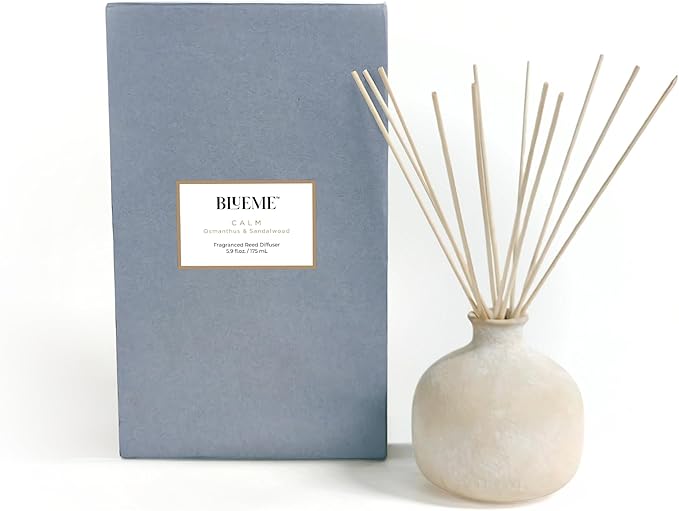 Blueme Calm Diffuser | Osmanthus & Sandalwood | 5.92 Fl Oz - Refillable Wellness Diffuser, Contains Essential Oil, Sustainable, Hand Finished, Premium, Luxury Ceramic, Natural Rattan Reeds, | Small