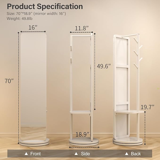70"x19"Full Length Mirror with Stand,Coat Rack with Mirror,Solid Wood Floor Mirror,Swivel Mirrorfor Bedroom, Living Room, Cloakroom