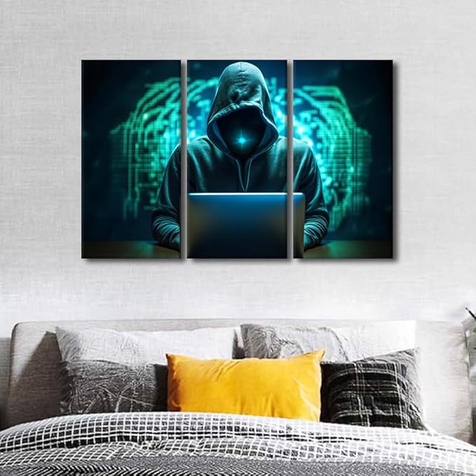 3 Pieces Wall Art AI Big Data Pictures Canvas Print Hacker Malware Artwork for Home Walls Framed Wall Art Data Paintings Giclee Gallery-wrapped Framed Ready to Hang, 42" Wx28 H