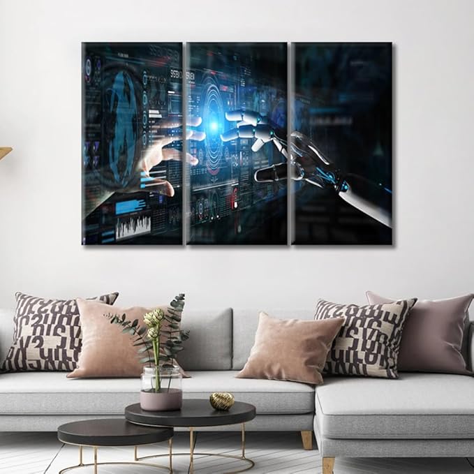 3 Pieces Virtual Network Wall Art Robot Hand and Human Hand Touching Posters Wall Art for Living Room Pictures Modern Artwork Print on Canvas Stretched and Framed Ready to Hang 60"Wx40"H