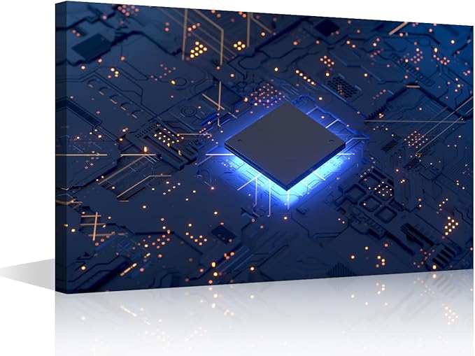 CPU Concept Modern Wall Art Computer Chip House Decorations for Living Room AI Canvas Wall Art Paintings for Bedroom Digital Age Office Decor Artwork Framed Easy to Hang - 18x12in