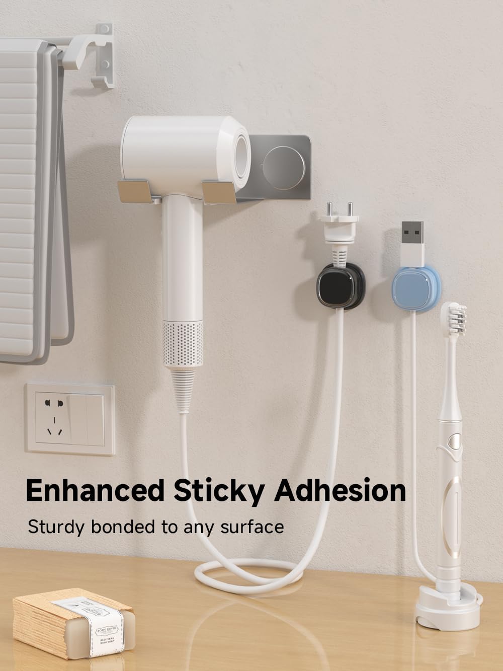 9 Pack Cord Organizer, Spring Cable Management, Adhesive Cute Cable Holder Clips, Phone Charger Wire Keeper for Desk Nightstand Car Office (9-Pack White_Blue_Black)