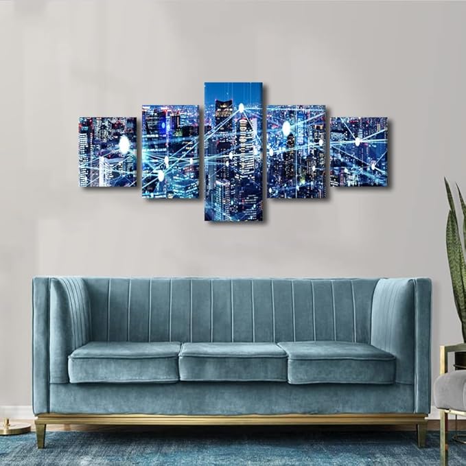 Wall Art Particle Glowing Light Picture 5 Panel Smart City Poster Native Americans Lliving Room Bedroom Decoration Internet Companies Canvas Art Decor Frame and Stretched Ready to Hang 50x24 Inch