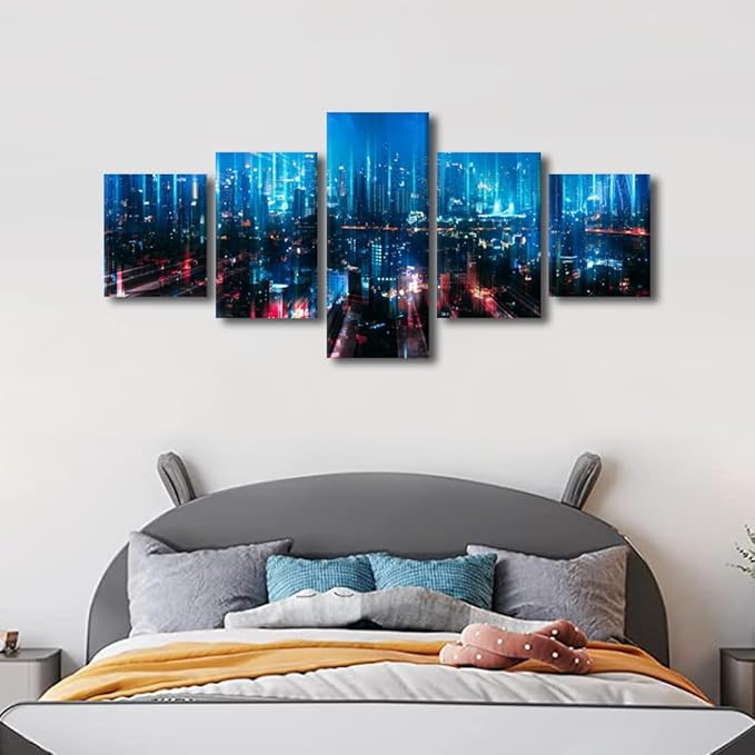 Canvas Wall Art Smart City And Digital Picture 5 Panel Smart City Poster Bangkok Cityscape Modern Home Decoration University Professor Office Wall Decorate Frame and Stretched Ready to Hang 50x24 Inch