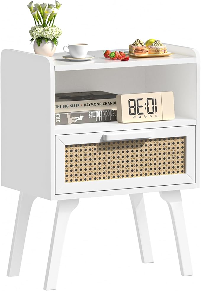 Lerliuo Rattan Nightstand, Bedside Table with Drawer Open Shelf, Cane Accent Side End Table with Solid Wood Legs, White Mid Century Night Stand for Bedroom, Dorm and Small Spaces