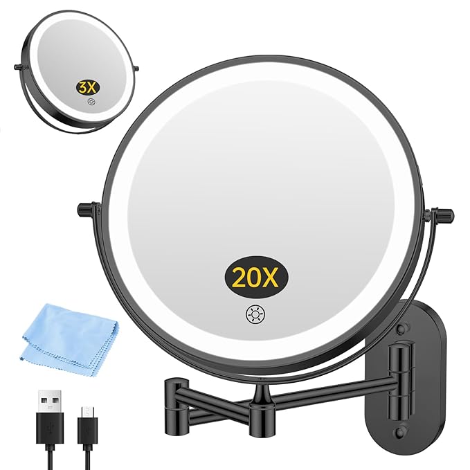 FUNTOUCH 20X/3X Rechargeable Wall Mounted Makeup Vanity Mirror with Lights, Double Sided Magnifying Wall Mount Mirror,3 Color Lighting, Touch Screen Dimming,Extension Arm 360 Rotation Wall Mirrors