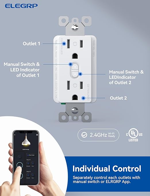 ELEGRP Smart in-Wall Outlet, 2.4GHz Wi-Fi Smart Receptacle Compatible with Alexa and Google Assistant, Tamper Resistant, 2 Individually Controlled Outlets, No Hub Required, UL Listed, White, 6 Pack