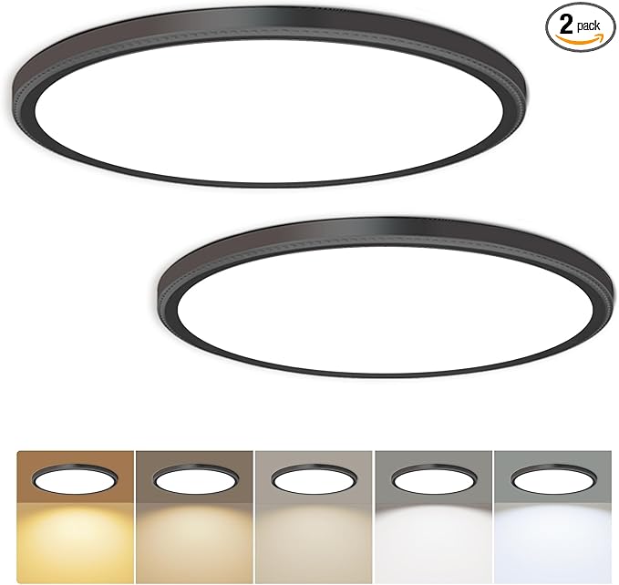 Hunhun 2 Pack 3200lm LED Flush Mount Ceiling Light 28W 12 Inch 5CCT Adjustable Super Slim 0.87 inch Round Ceiling Lamp for Bedroom, Living Room, Kitchen, Laundry - Black