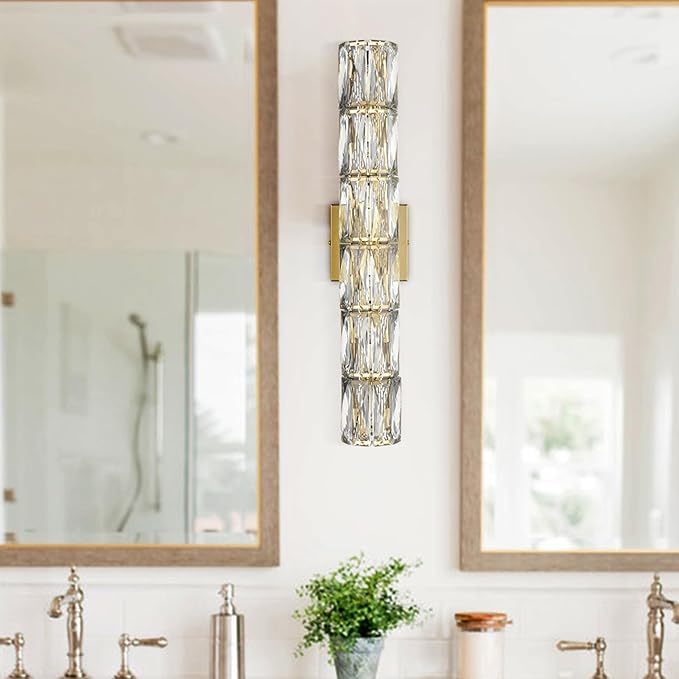 SAMTEEN 24-Inch Crystal Wall Sconce Gold Sconces Wall Lighting Mid-Century Modern 6-Light Luxury Brass Glass Wall Light Fixture for Bedroom Hallway Bathroom Vanity Light Fixtures