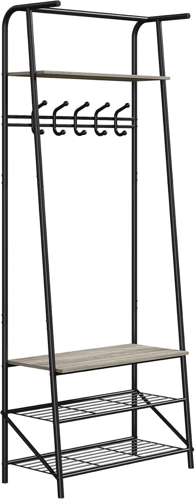 Coat Rack, Floorstanding Hall Tree with Shoe Rack, Wooden and Metal Coat Stand, Industrial Clothes Rack, for Hallway, Living Room, Bedroom, 25.2''x11.4''x70'', Grey