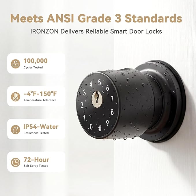 IRONZON Fingerprint Door Knob for Bedroom - 291Y 4-in-1 Keyless Bedroom Door Knob smart Door knob with App, One-tap Privacy Mode Setup, Auto-Lock Easy to Install - Matte Black
