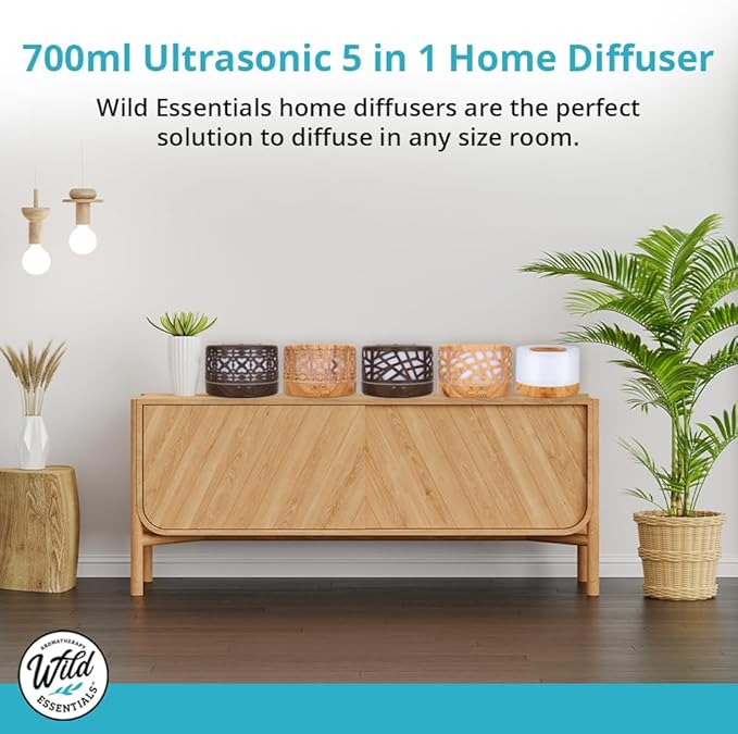 Wild Essentials 700ml Designer Large Room Essential Oil Diffuser, 5 in 1 Ultrasonic Aromatherapy Vaporizer Cool Mist Humidifier, Home, Office Bedroom, Timer, Auto-Off, 7 Color LED Dark Wood Branches