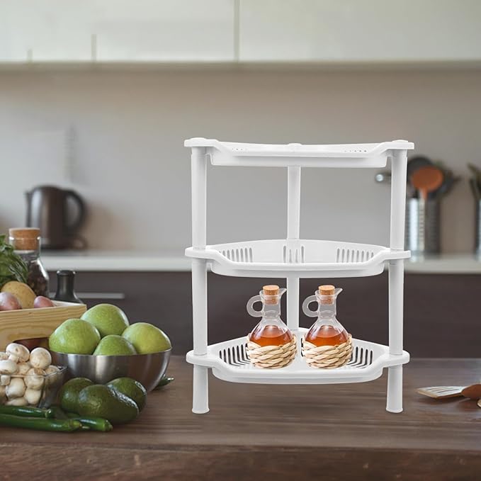 Cabilock 3-Tier Plastic Storage Rack Small Shelves Organizer for Bathroom Kitchen Desk Corner Shelf Stand No-Tool Assembly Compact Space Saving 13.38X11.02X8.26 Inches