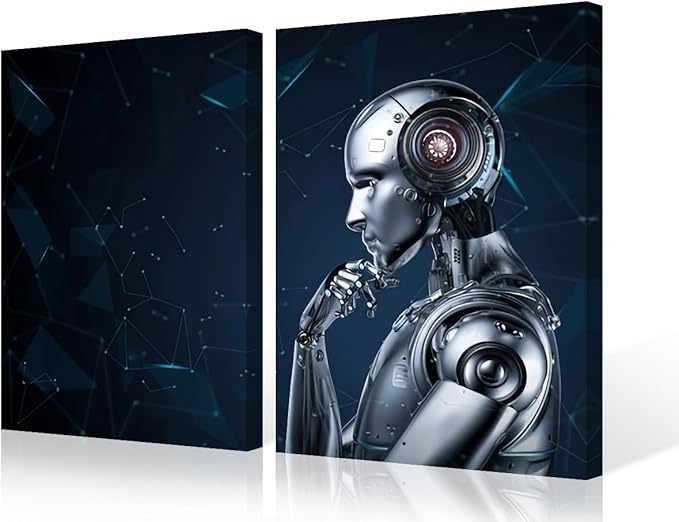 TUMOVO 3 Pieces Decor Robot Pictures Paintings Data Analysis Canvas Wall Art Artwok Modern Home Decorations for Living Room, AI Giclee Framed Ready to Hang Posters, 24" Wx16 H