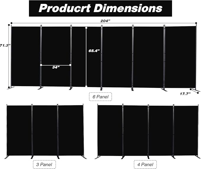 Room Divider, 6 Panel Folding Privacy Screens with Wider Support Feet, 6 Ft Portable Room Partition for Room Separator, 204" W X 71" H, Black