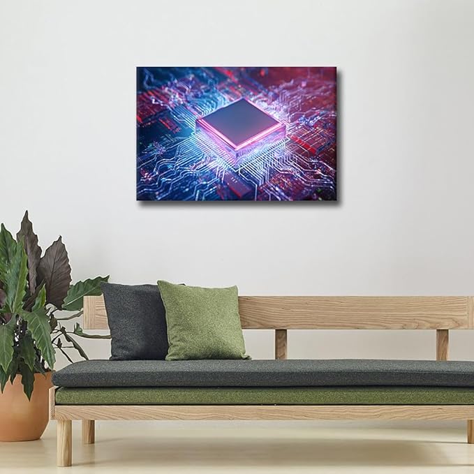 TUMOVO AI Wall Art Decor Painting on Canvas Circuit Board Pictures for Home Walls CPU Concept Office Wall Art Digital Age Framed Modern Artwork for Living Room Bedroom, 24x16in