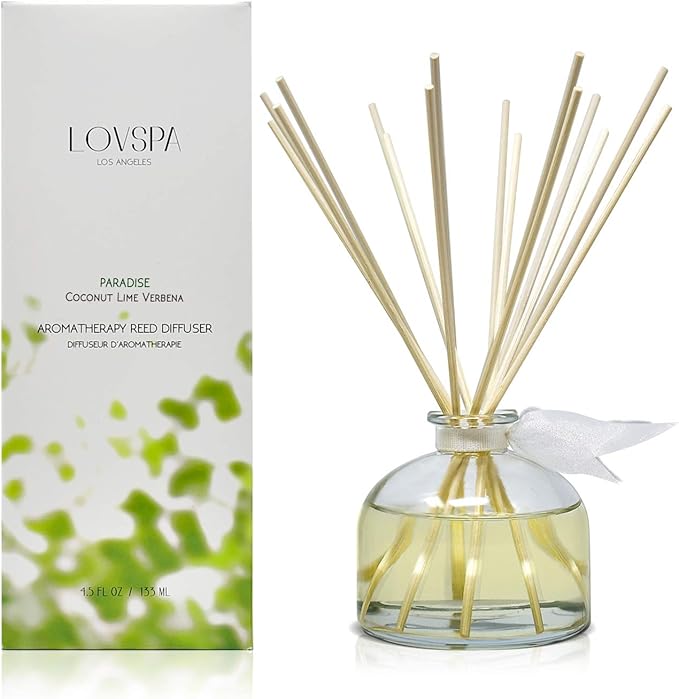 LOVSPA Reed Diffuser Set, Paradise Coconut Lime Verbena Scented Oil Diffuser with Sticks, Home Fragrance Accessories for Bathroom Shelf Decor, Aroma Diffusers for Home or Office Desk, USA Made