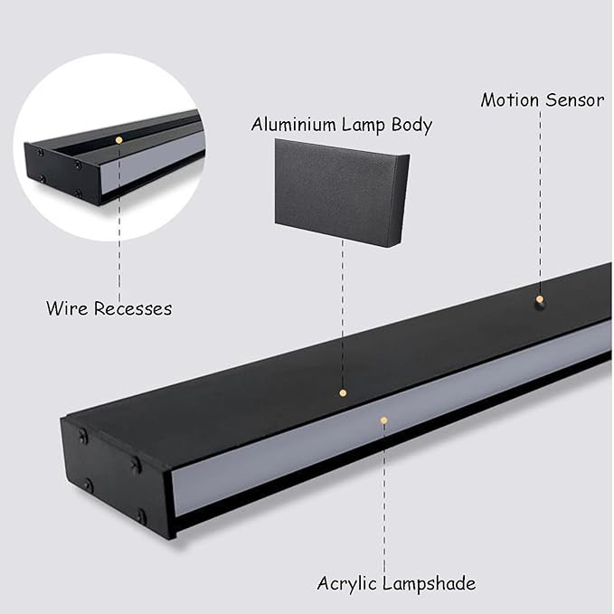 LED Rectangles Wall Lamp with Motion Sensor 3000K/4000K/6500K Indoor Black Sconce Long Bedside Lights Corridor Minimalist Style for Bedroom Kitchen