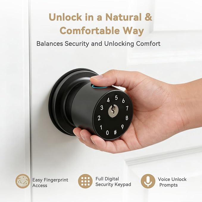 IRONZON Fingerprint Door Knob for Bedroom - 291Y 4-in-1 Keyless Bedroom Door Knob smart Door knob with App, One-tap Privacy Mode Setup, Auto-Lock Easy to Install - Matte Black