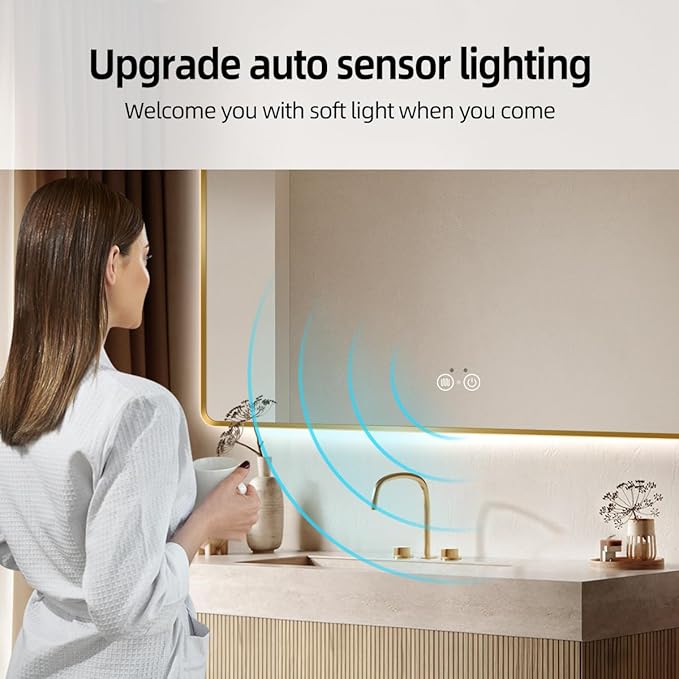 Gold LED Bathroom Mirror, 36"x60" Smart Mirror with Infrared Motion Sensor Lights, Anti Fog, Stepless Dimmable & Color Temperature Adjustment, Wall Mounted Vanity Mirror Backlit, CRI≥93