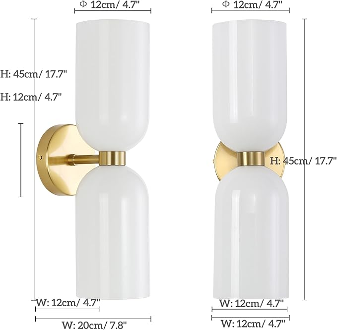 Minimalist 2-Light Gold Wall Sconces with Cylinder Glass Shades- Mid Century Vanity Wall Double Lights Hardwired- Modern Indoor Glass Wall Mounted Art Decor Lights (Milky White, 1 Pack)