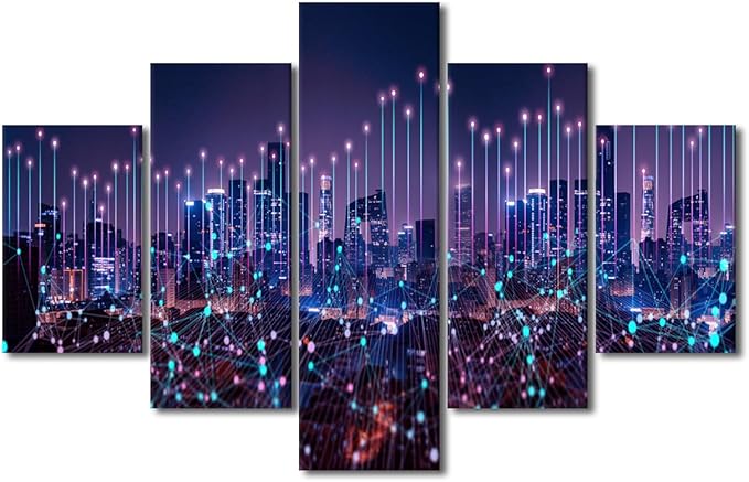 Sense of Technology Wall Art 5 Panel Modern City Poster Line Network Technology Picture Abstract Point Canvas Art Purple Cityscape Poster Native Americans Home Decor Framed Ready to Hang 60x40 Inch