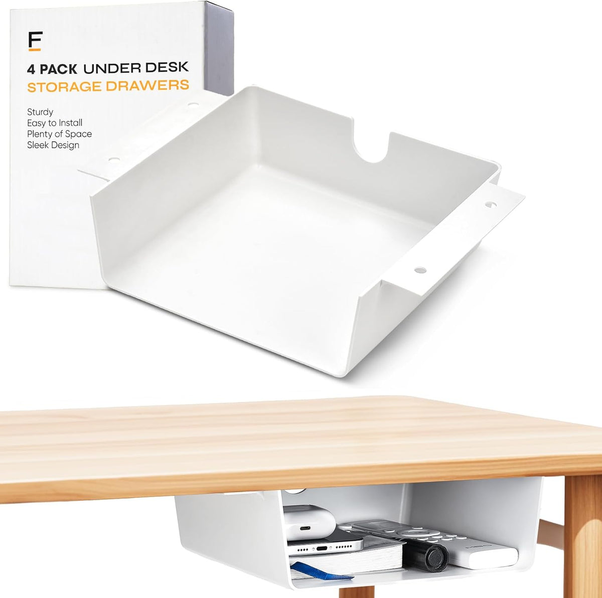 4 Pack Under Desk Hanging Shelf Drawer Organizer, Attachable Plastic Hidden Storage Tray, Easy Adhesive Mount Holder for Standing Tables, Office, Counters, Cabinets, Workstations - White