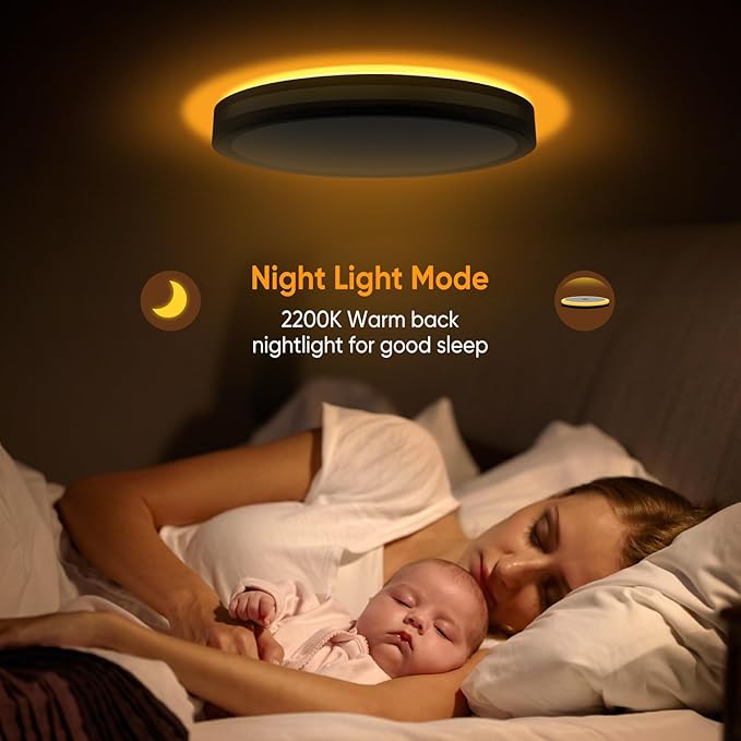 15 Inch Flush Mount Black Gold LED Ceiling Light with Night Light, 5CCT Modern, 35W 3500LM 2700K-6500K Adjustable, Dimmable for Bedroom Hallway, ETL