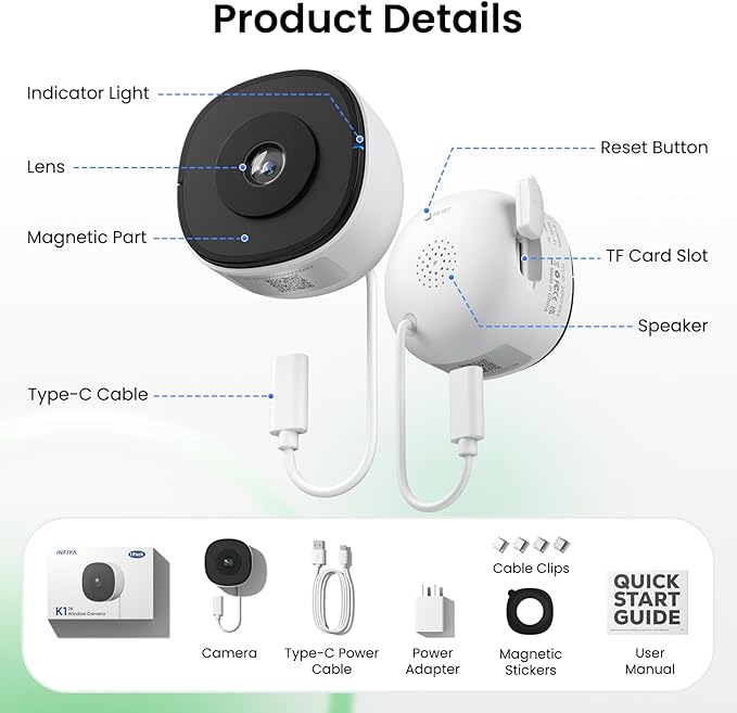 2K Window Cameras for Home Security- 5Ghz & 2.4Ghz WiFi Window Camera, Color Night Vision, Motion & Human Detection, Continuous 24/7 Recording, Cloud(Optional) & Local Storage, K1 1P