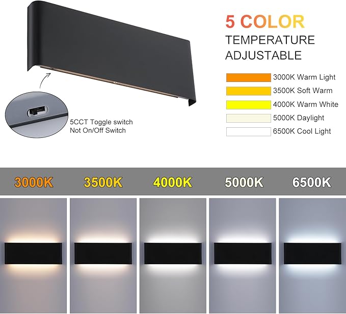 15"Modern LED vanity light,20W Dimmable 5 CCT (3000K-6500K) Adjustable Wall Lamp,Up and Down Wall Lighting,Indoor Wall Sconce for Bedroom,Staircase,Hallway,Dressing Table,2 Pack（Black）