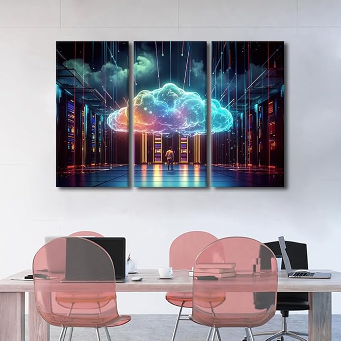 TUMOVO 3 Panels AI Art for Business and Technology Pictures Print on Canvas for Home Hotel Office Wall Decoration, Artificial Intelligence Artwork Stretched Framed Ready to Hang, 60" Wx40 H