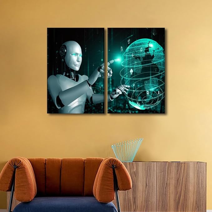 TUMOVO 3 Pieces Canvas Print Minimalism Canvas Art Robot Wall Art Canvas Paintings AI Intelligence Artwork Gallery Wrapped Canvas on Pine Giclee Frame Art Ready to Hang, 24" Wx16 H