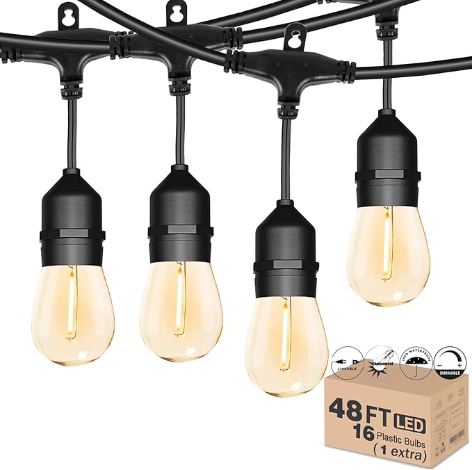 Outdoor String Light 48FT LED Heavy-Duty Patio Lights String Linkable with Shatterproof 15 LED Bulbs for Outside Cafe Porch Market String Lights