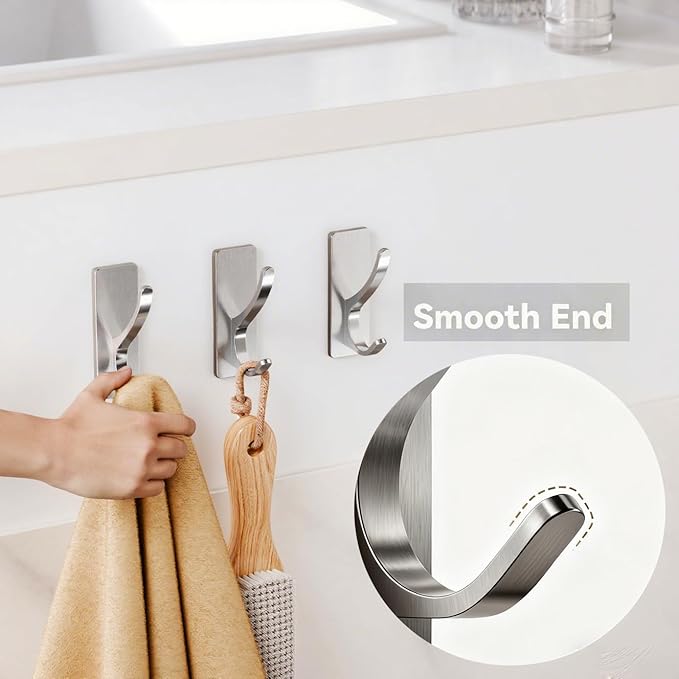 pickpiff Self Adhesive Coat Hooks for Hanging: Heavy Duty Stainless Wall Hook for Towel, Backpack, Hat, Sturdy Metal Hanger for Bathroom, Bedroom, Door, Brushed Nickel 4 Pack
