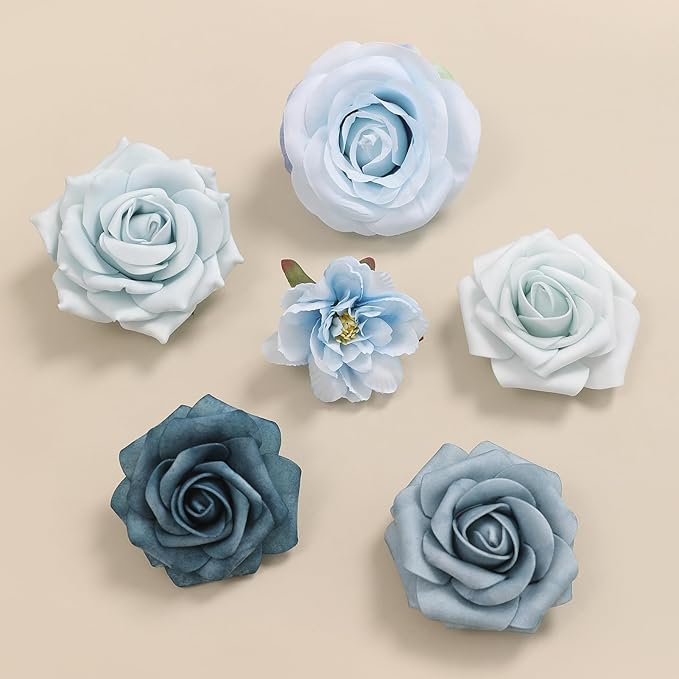 Blue Artificial Flowers Silk Fake Roses Peonies Greenery Combo Box Set for DIY Wedding Bouquets Bridal Shower Centerpieces Floral Arrangements Party Tables Home Decoration