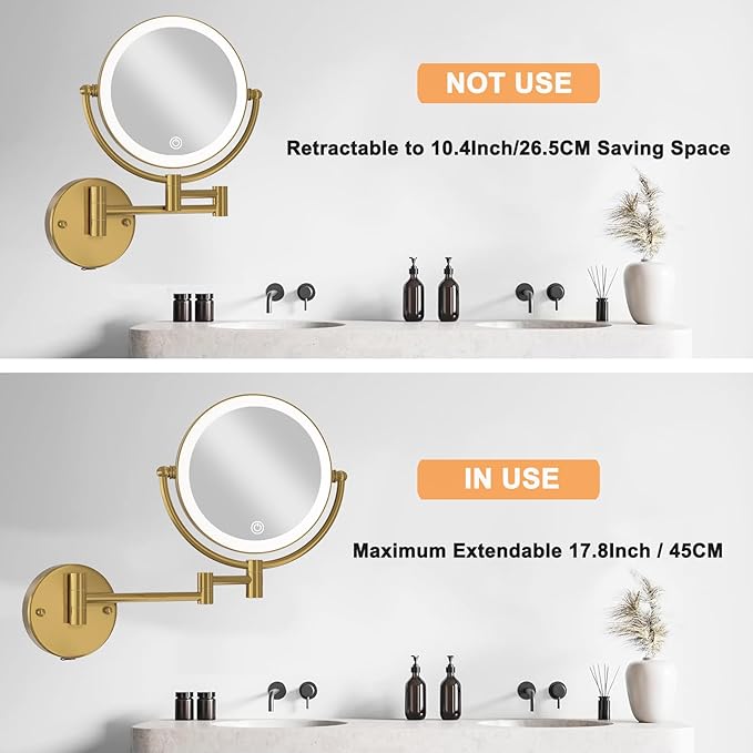8” Wall Mounted Makeup Mirror 1X/10X Magnification, Rechargeable 2 Sided Touch Dimming with LED Lights 360 Swivel Extendable Arm Shaving Mirror, Brushed Moderne Brass