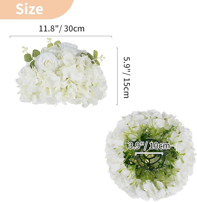 NUPTIO Flower Ball Arrangement Bouquet: 2 Pcs 11.8 inch Diameter White Rose Fake Flowers Balls for Wedding Centerpiece Decorations Artificial Flower Centerpieces for Tables