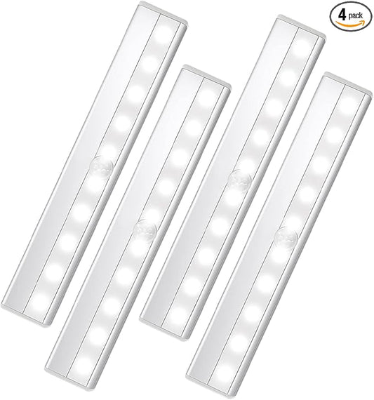 4 Pack LED Motion Sensor Lights, 10 LED Closet Battery Operated Lights, Stick-On Anywhere Magnetic Night Light Bar, Led Safe Light Indoor for Closet Stairs Wardrobe