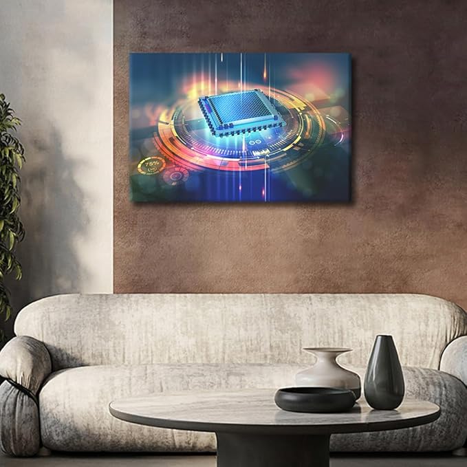 TUMOVO 1 Panel Wall Art CPU Concept Painting Print On Canvas AI Pictures for Bedroom Home Decor Futuristic CPU Internet Modern Artwork Paintings Stretched By Wooden Frame Ready to Hang, 36x24in