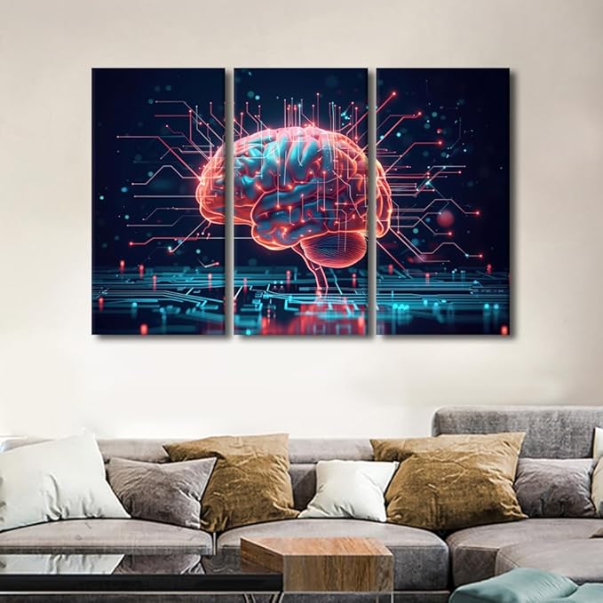 Framed Wall Art 3 Piece AI Brain Cloud Networking Posters and Prints for Bedroom Living Room Wall Decoration, Business and Technology Artwork Gallery-Wrapped Ready to Hang, 60" Wx40 H