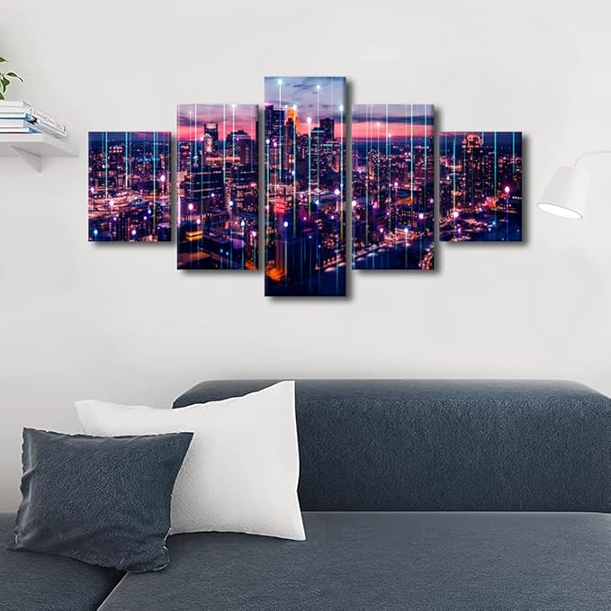 Canvas Wall Art for Home Decoration Abstract Point City Landscape Poster 5 Panel Hologram Aerial Poster Native Americans Living Room Bedroom Decorate Frame and Stretched Ready to Hang 60x32 Inch