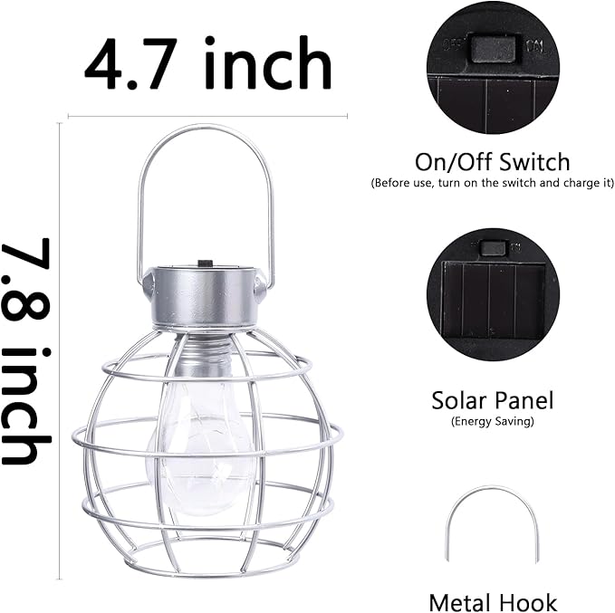 2 Pack Solar Lanterns Outdoor Hanging Lights, Metal Solar Lantern Outdoor Waterproof Auto On/Off Solar Light for Patio Backyard Pathway Porch, Silver