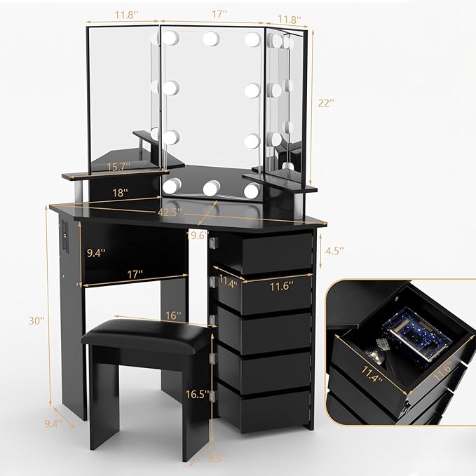 VOWNER Vanity with Lights - Makeup Vanity Desk with Power Outlet, 3 Color Lighting Options Brightness Adjustable, Vanity Table with 5 Rotating Drawers, Shelves and Stool for Bedroom, Black