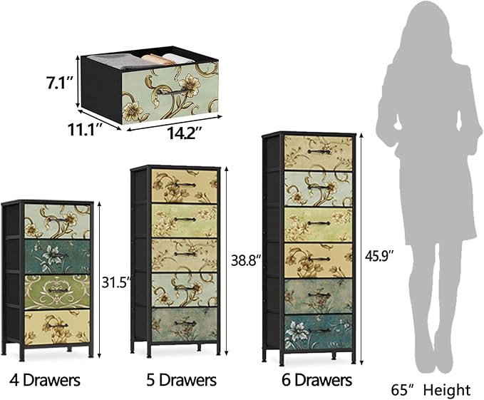 Furnulem Tall 6 Drawers Dresser, Vintage Storage Organizer Unit with Fabric Bins for Bedroom, Living Room, Closet, Nusery, Dorm, Entryway, Bedside Furniture, Sturdy Metal Frame, Wood Top