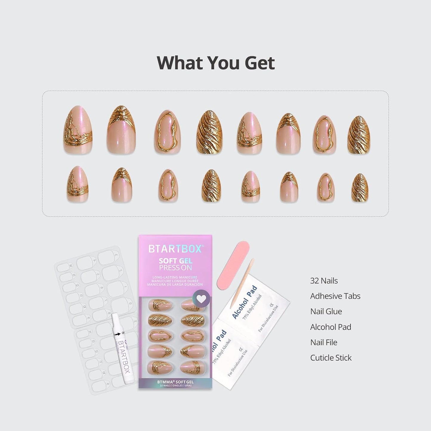 BTArtbox Press On Nails Short - 3D Gold Sculpting Almond Press On Nails with Glue for Women, Opaque Soft Gel Glue On Nails in 16 Sizes - 32 Stick On Nails Kit, Metalhead