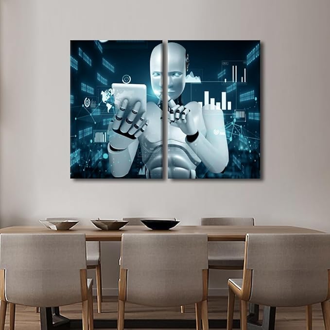 3 Pieces AI Intelligence Wall Art for Living Room Paintings on Canvas Robot Pictures Modern Artwork Home Decor Giclee Framed Stretched Ready to Hang Posters and Prints, 24" Wx16 H