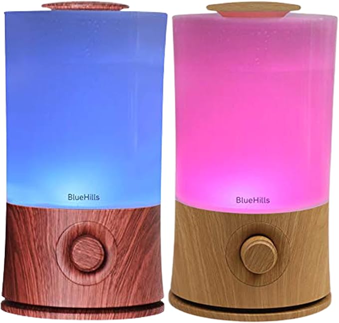 BlueHills Premium Set of Two Large 2000 ML XL Essential Oil Diffusers Humidifier Combo for Large Room Home with Décor LED Lights Great Gift – Dark Wood Grain and a Wood Grain.