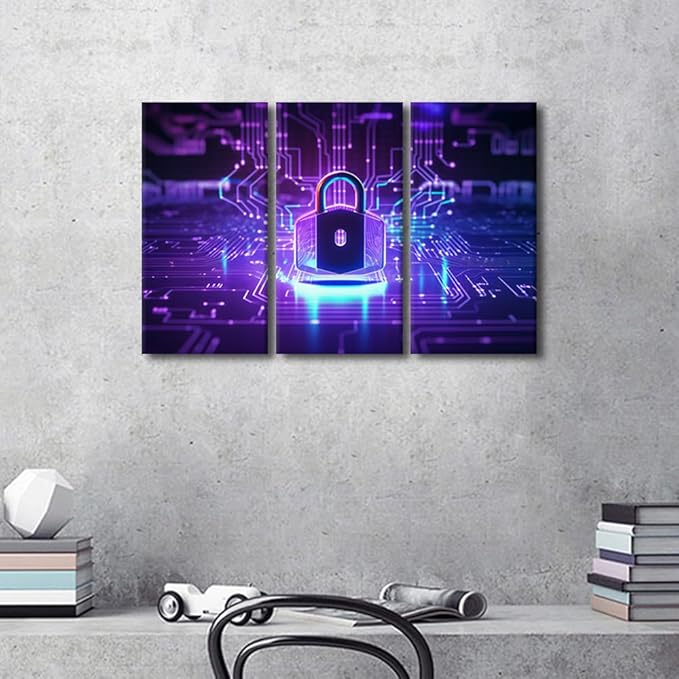 TUMOVO Artificial Intelligence Wall Art 3 Pieces Cyber Security Concept Pictures Print on Canvas Wall Art for Home Office Wall Decoration, Wooden Framed Ready to Hang, 36" Wx24 H